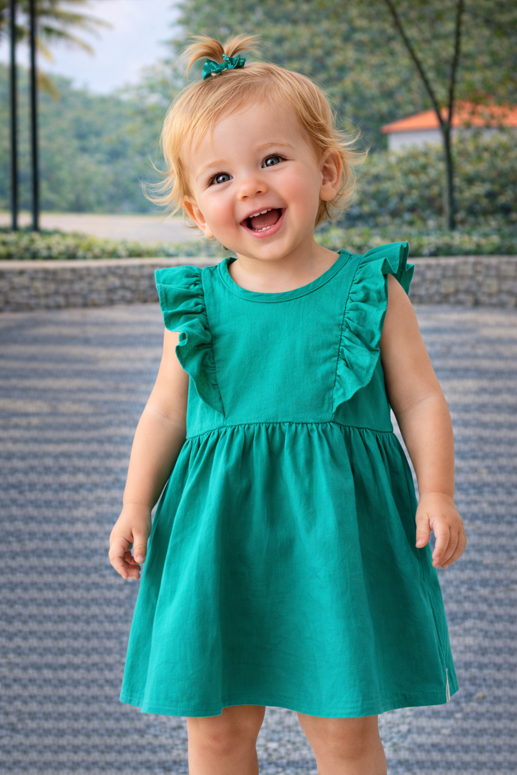 VESTIDO EM TRICOLINE DET BAB FRENTE VERDE