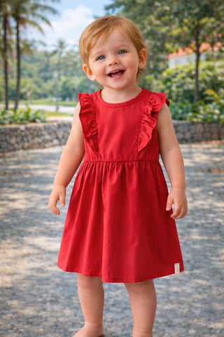VESTIDO EM TRICOLINE DET BAB FRENTE VERMELHO