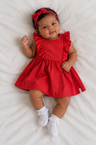 VESTIDO EM TRICOLINE DET BAB FRENTE VERMELHO