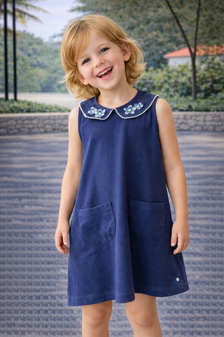 VESTIDO COTTON GOLA BAB FLOR E BOLSOS MARINHO