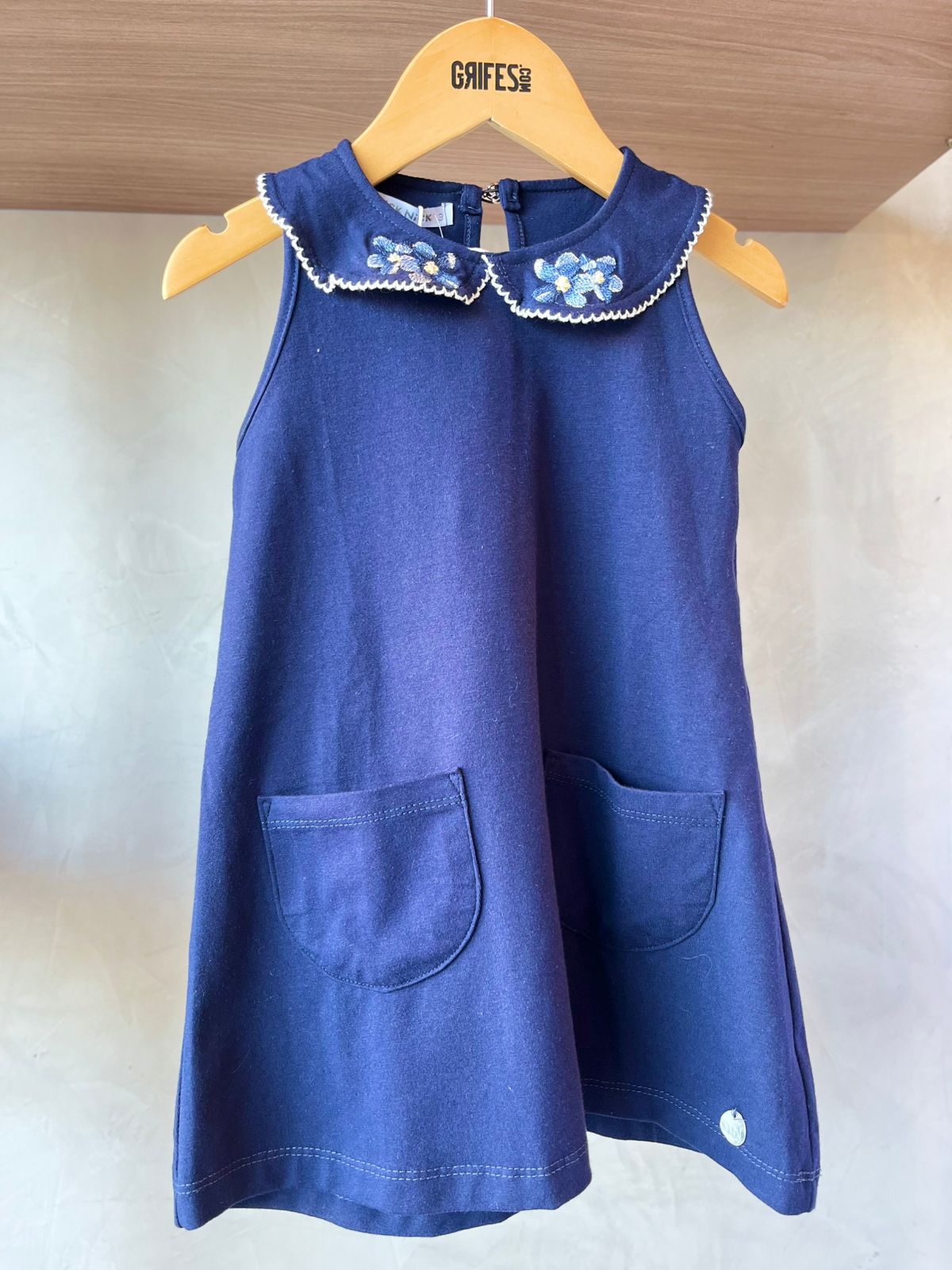 VESTIDO COTTON GOLA BAB FLOR E BOLSOS MARINHO
