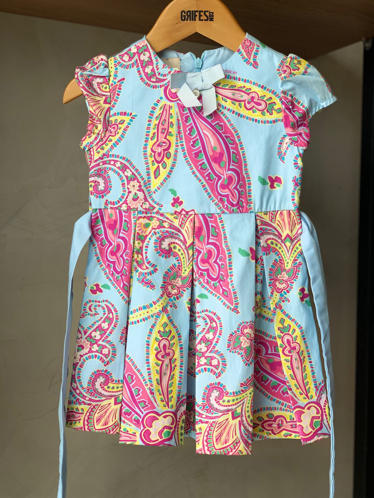 VESTIDO RODADO TRICOLINE ESTAMP C FAIXA AZUL CLARO