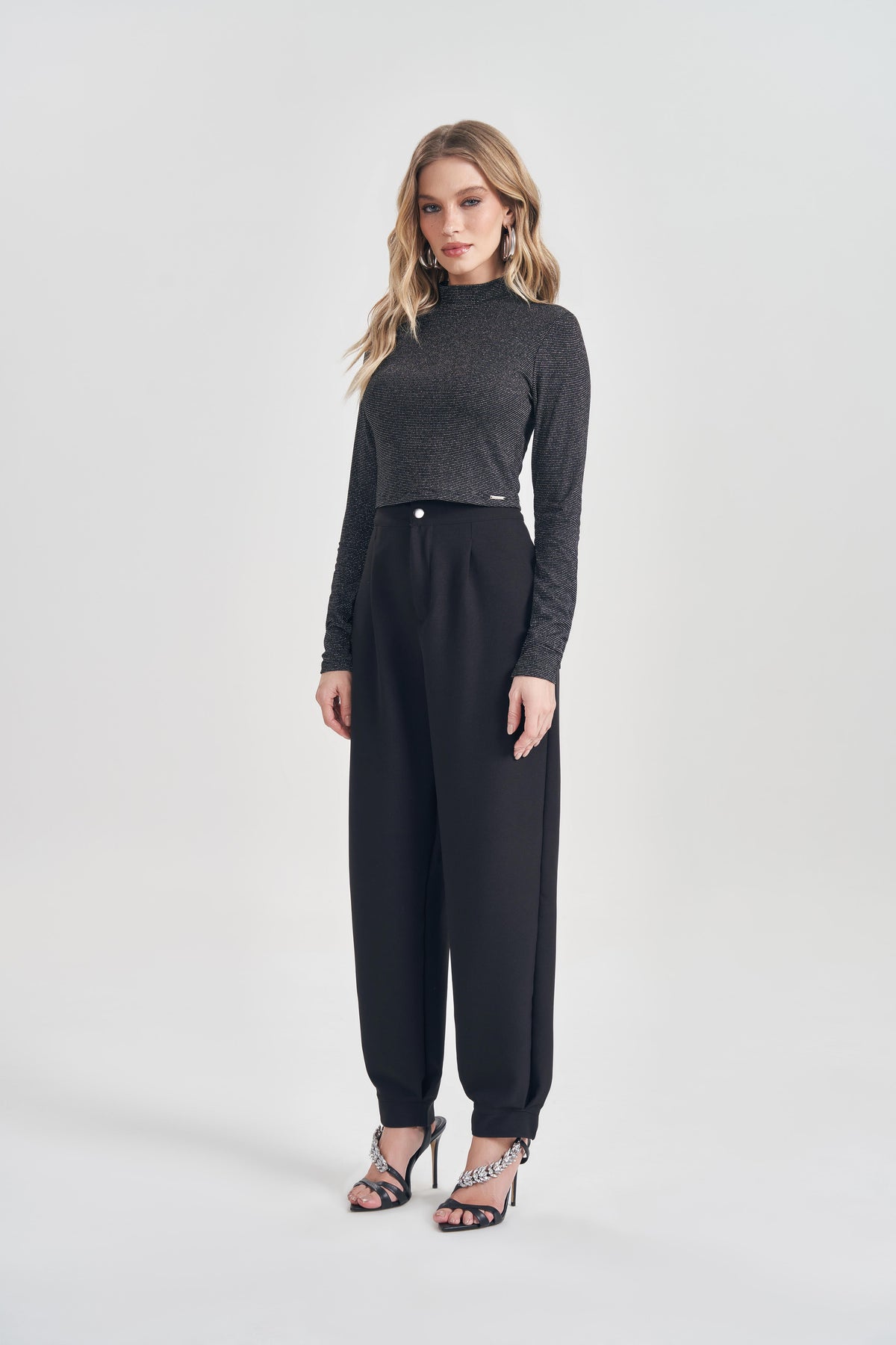BLUSA FEM ML EM RIBANA C LUREX PRETO