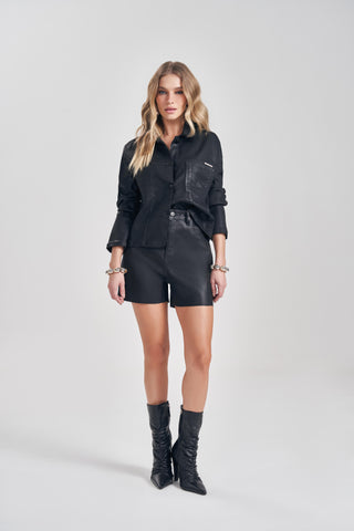 SHORTS FEM EM JEANS BLACK COM ELASTANO PRETO