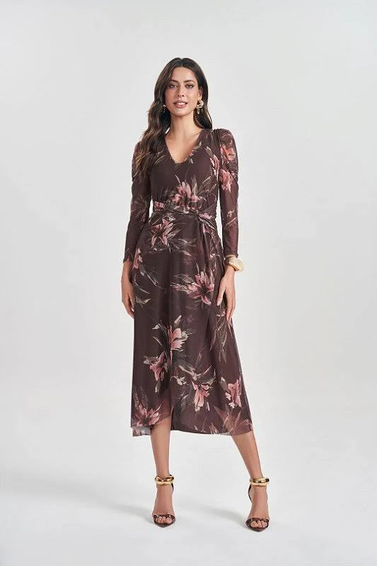 VESTIDO MIDI ML TULE EST AQUARELA FLORAL CHOCOLATE