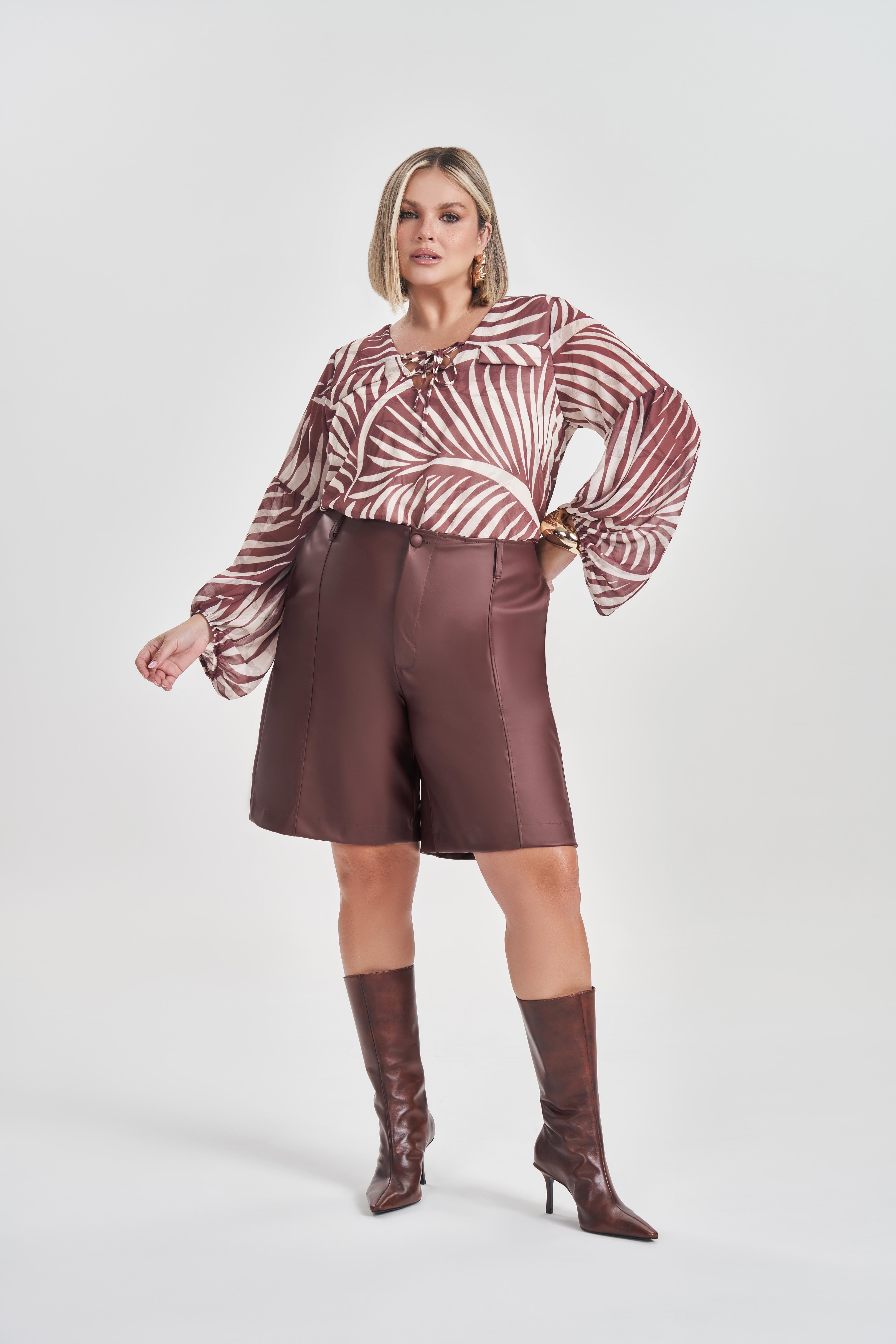 BLUSA FEM ML EM PLANO CHIFFON NATURE CHOCOLATE