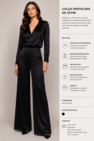 CALCA FEM PANTALONA EM PLANO CETIM PRETO