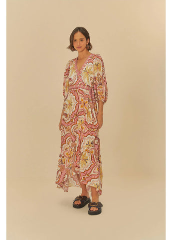 VESTIDO LONGO MANGA LENCO JOIA TROPICAL OFF WHITE/ROSA