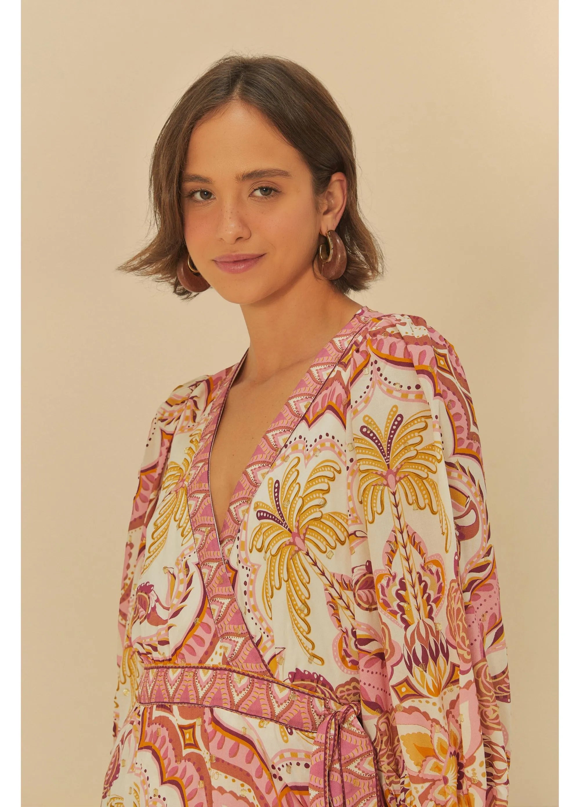 VESTIDO LONGO MANGA LENCO JOIA TROPICAL OFF WHITE/ROSA