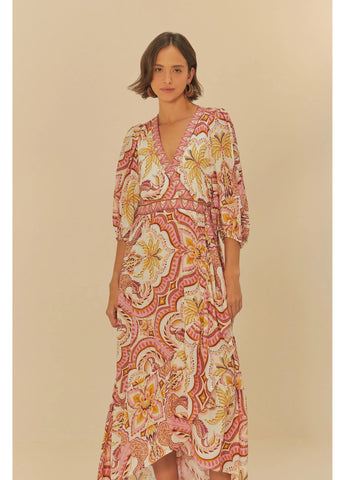 VESTIDO LONGO MANGA LENCO JOIA TROPICAL OFF WHITE/ROSA