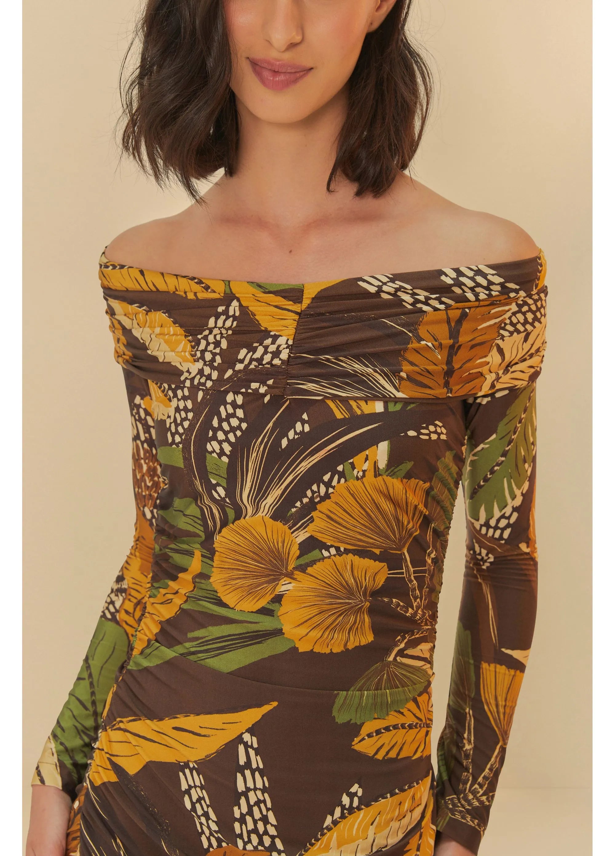 VESTIDO FRANZIDO FLORESTA SKETCH MARROM
