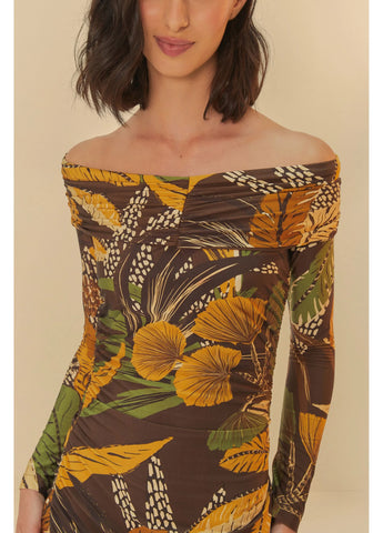 VESTIDO FRANZIDO FLORESTA SKETCH MARROM