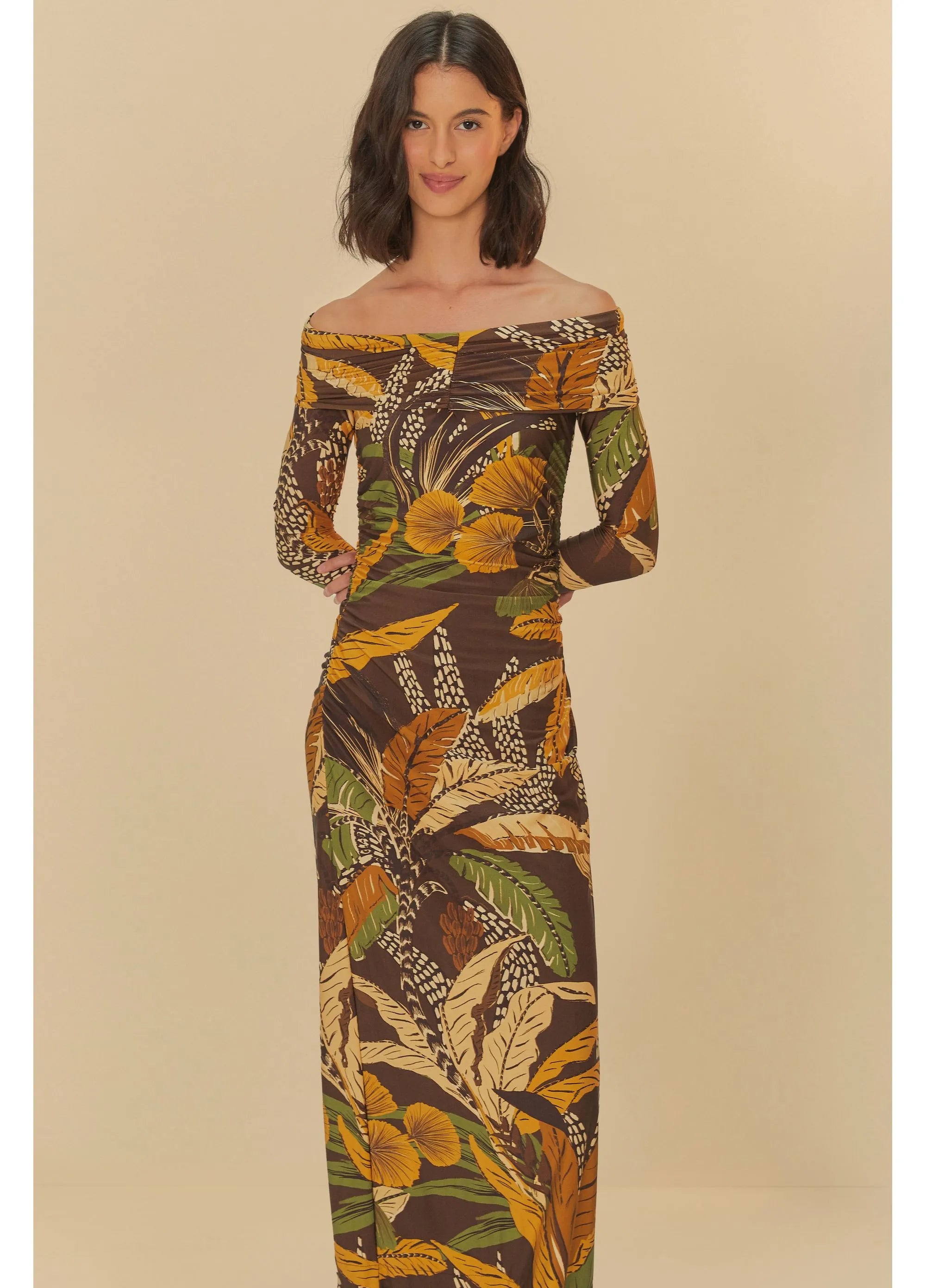 VESTIDO FRANZIDO FLORESTA SKETCH MARROM