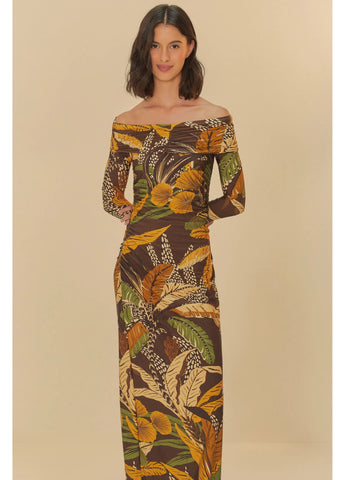 VESTIDO FRANZIDO FLORESTA SKETCH MARROM