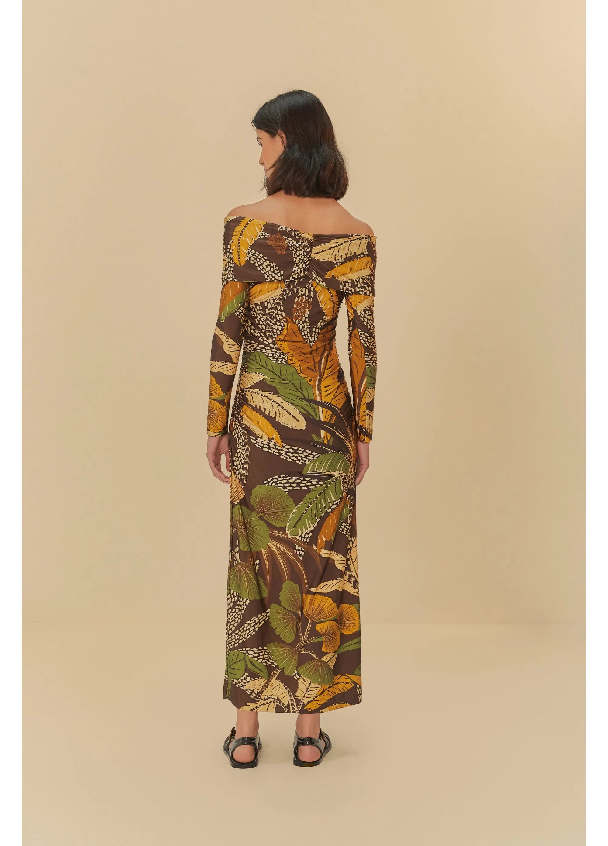VESTIDO FRANZIDO FLORESTA SKETCH MARROM