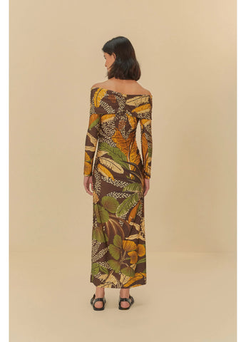 VESTIDO FRANZIDO FLORESTA SKETCH MARROM