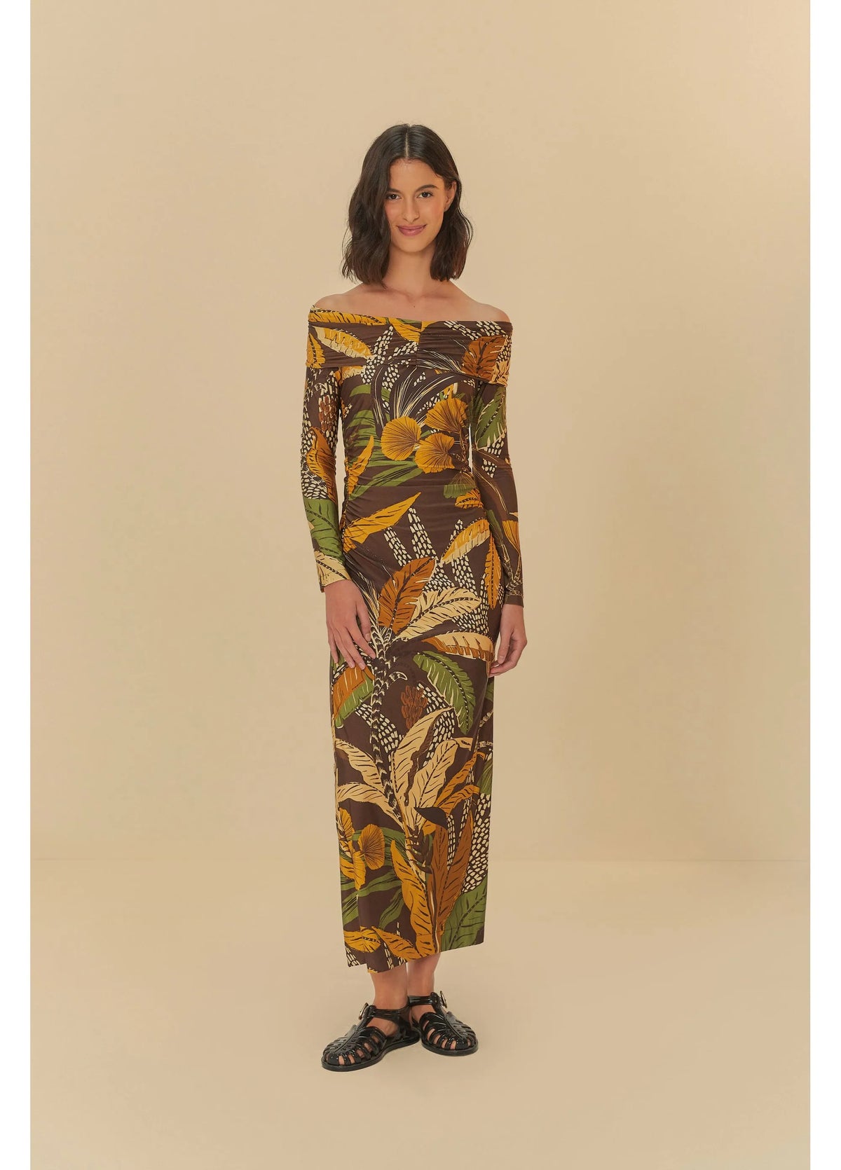 VESTIDO FRANZIDO FLORESTA SKETCH MARROM