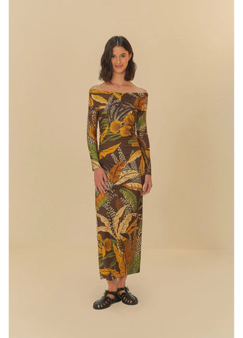 VESTIDO FRANZIDO FLORESTA SKETCH MARROM