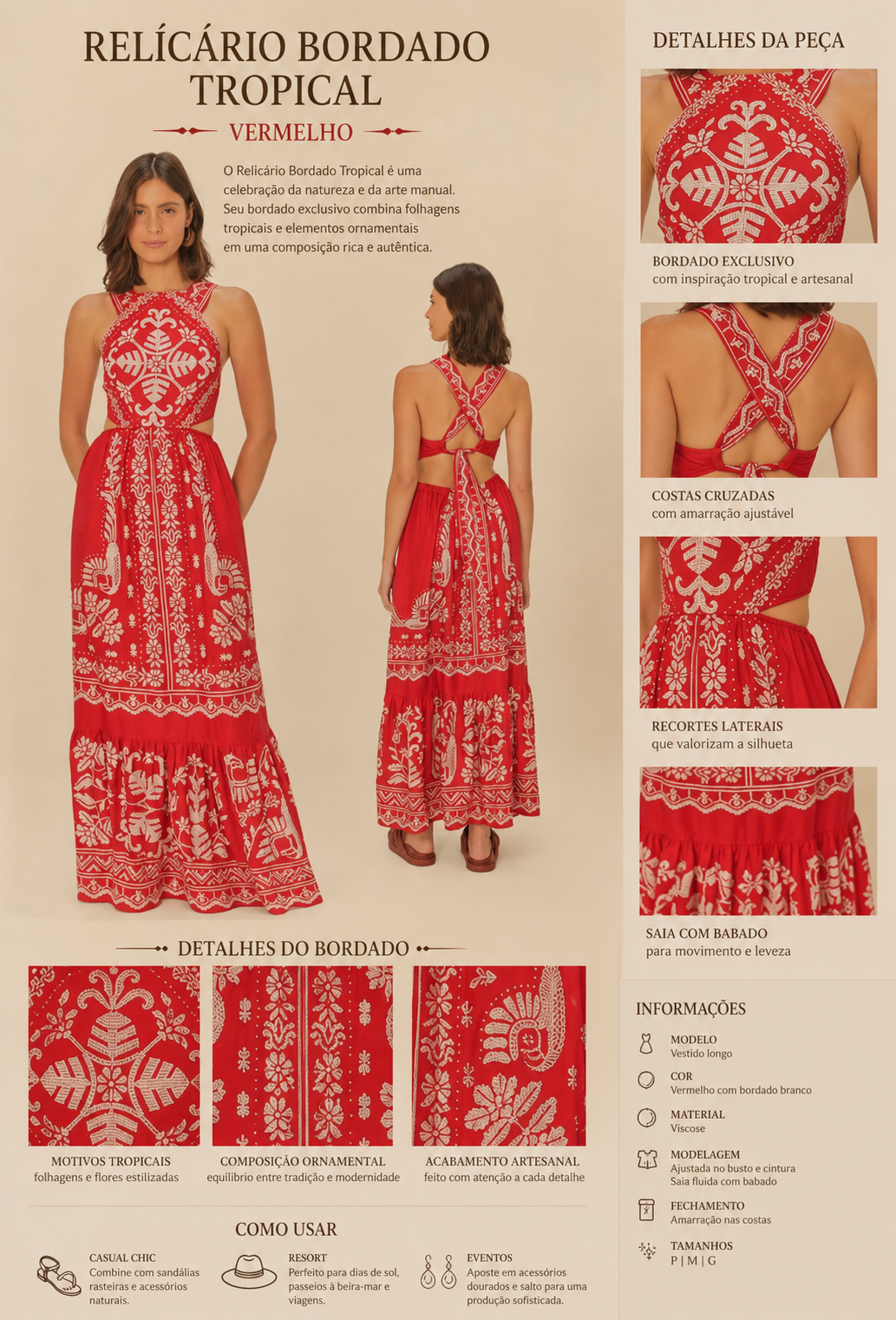 VESTIDO LONGO RELICARIO BORDADO TROPICAL VERMELHO