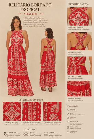 VESTIDO LONGO RELICARIO BORDADO TROPICAL VERMELHO