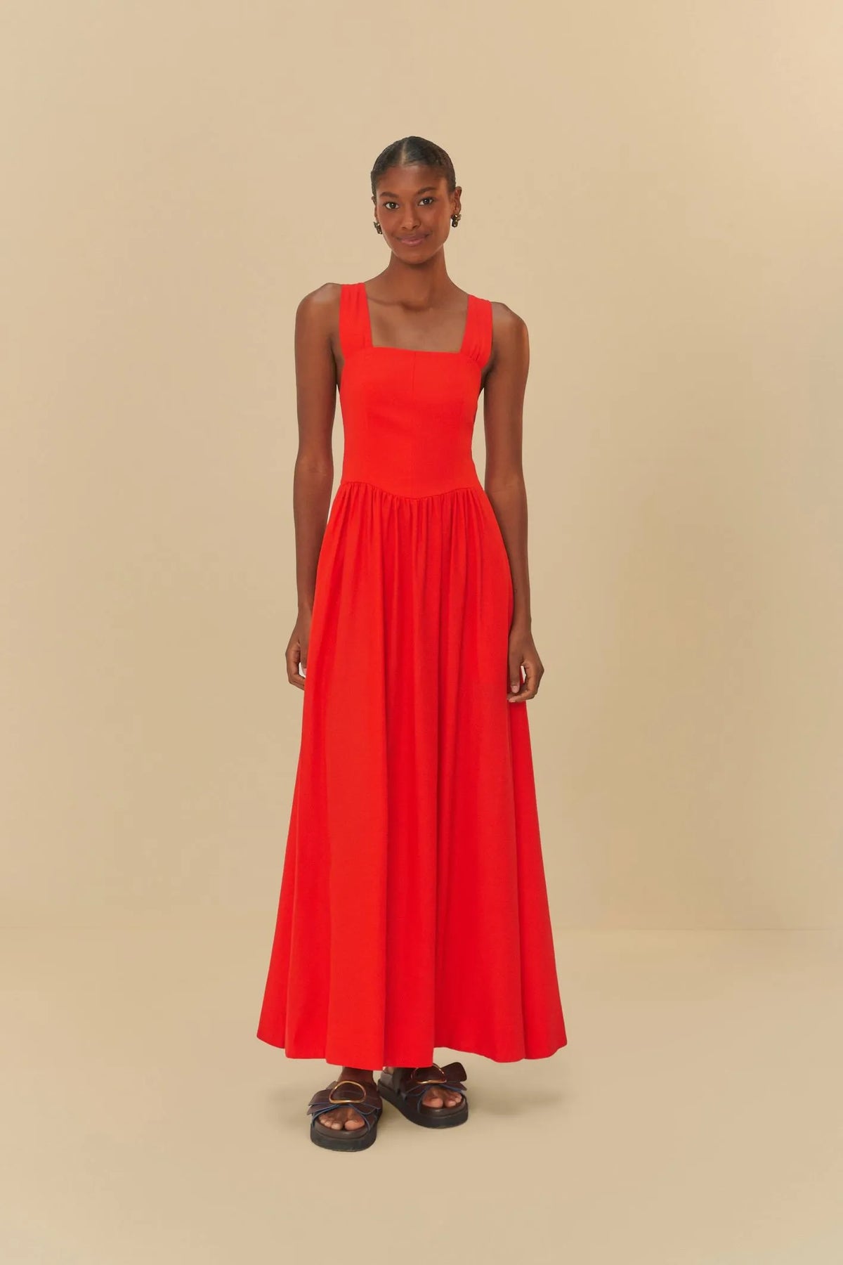 VESTIDO LONGO RELICARIO BORDADO TROPICAL VERMELHO