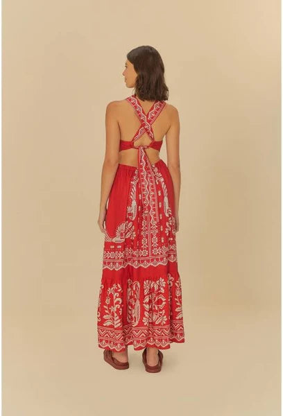 VESTIDO LONGO RELICARIO BORDADO TROPICAL VERMELHO