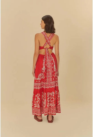 VESTIDO LONGO RELICARIO BORDADO TROPICAL VERMELHO