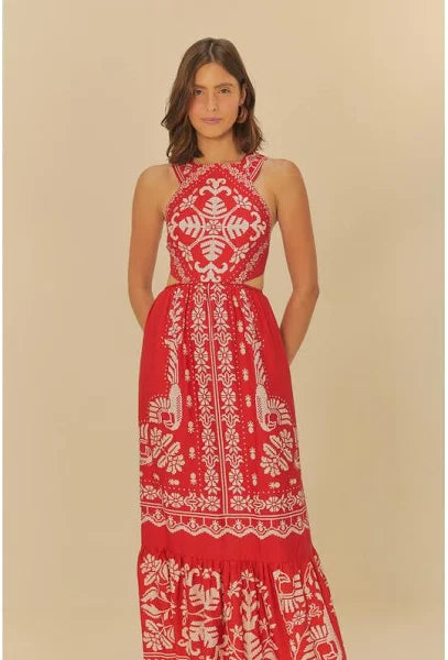 VESTIDO LONGO RELICARIO BORDADO TROPICAL VERMELHO