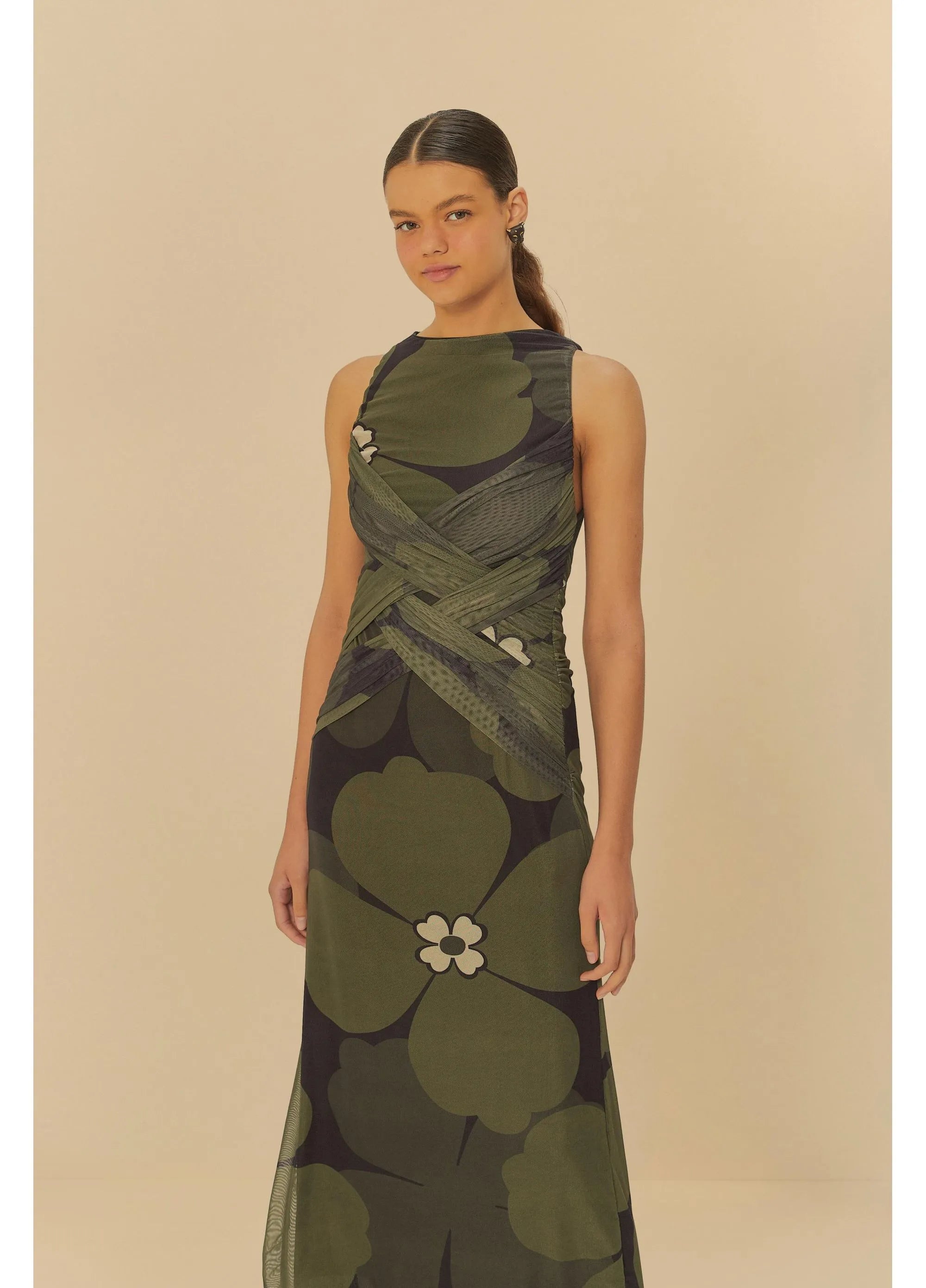 VESTIDO SM TULE FLORBELA FARM PRETO/VERDE