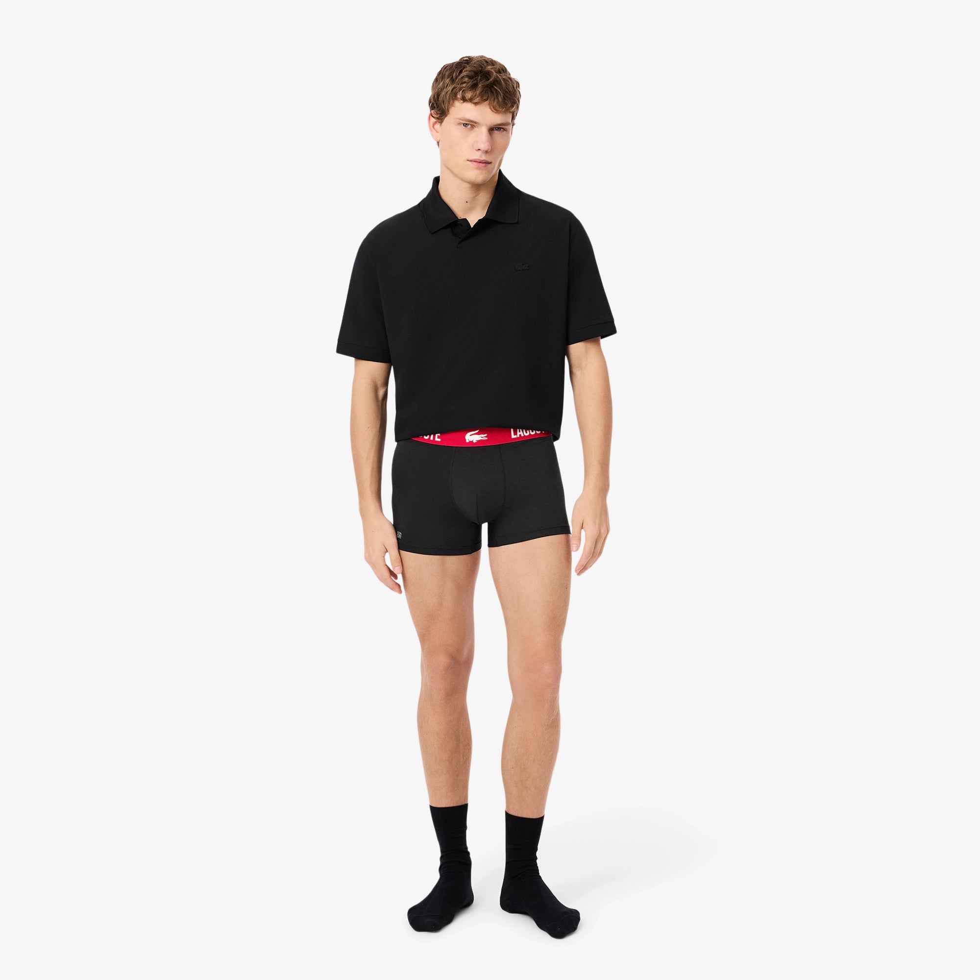 KIT 03 CUECAS BOXER CURTA LACOSTE PRETO/VERMELHO 939