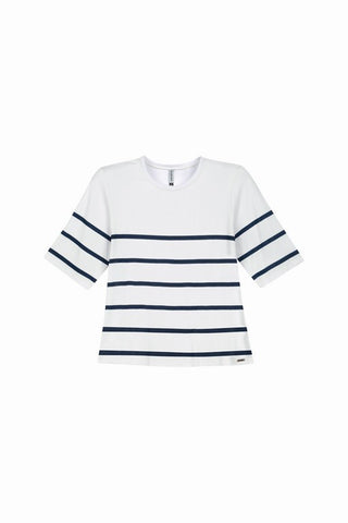 BLUSA FEM MC MALHA DE VISCOSE LISTRADA BRANCO