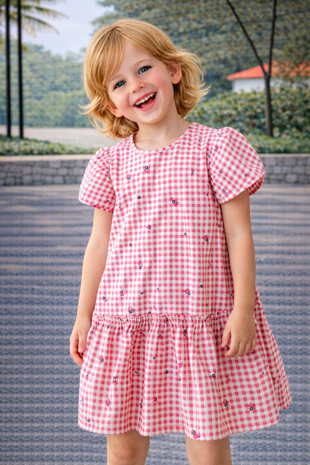 VESTIDO MC POPELINE XADREZ ROSA