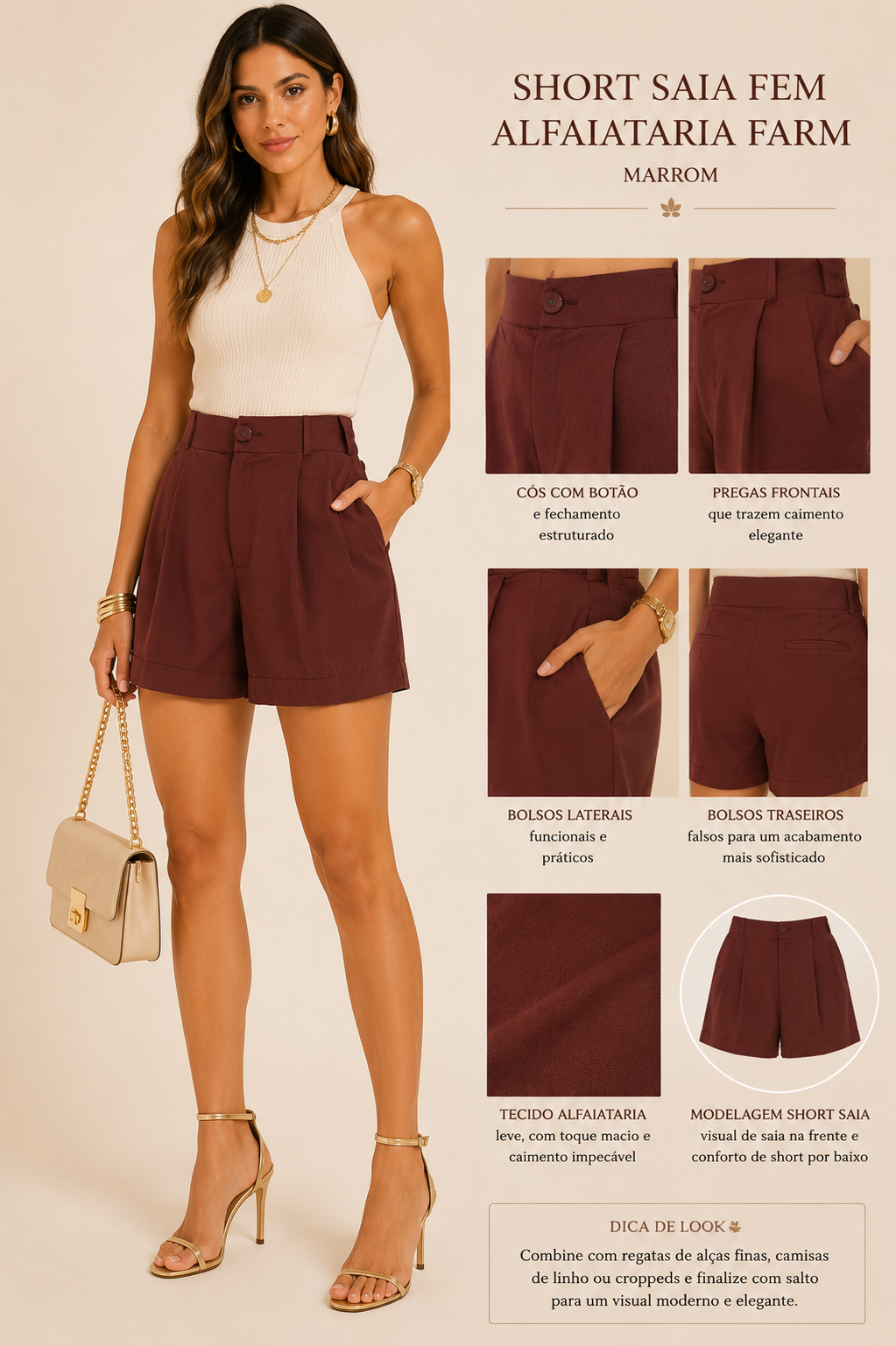 SHORT FEM PREGAS BOLSO LATERAL MARROM