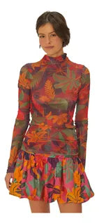 BLUSA FEM GOLA TULE FLORAL TROPICAL ESTAMPADO