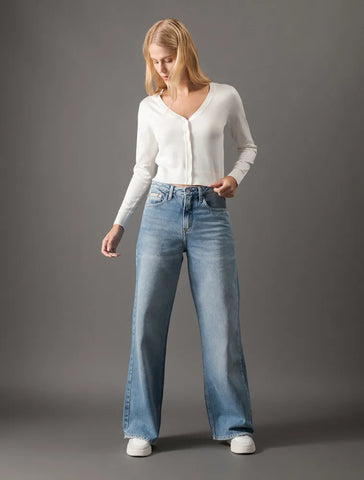 CALCA CKJ FEM JEANS WIDE LEG 5 POCKETS AZUL CLARO