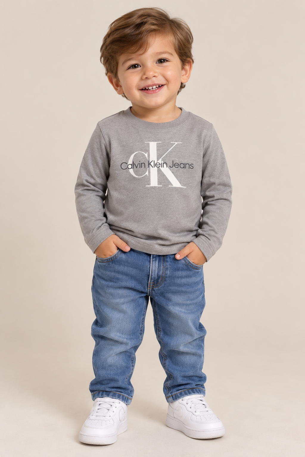 CAMISETA CKJ KIDS MAS ML LOGO REISSUE CAQUI MEDIO