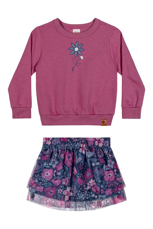 CONJ FEM BLUSAO MLT FELP E SAIA TULE ROSA