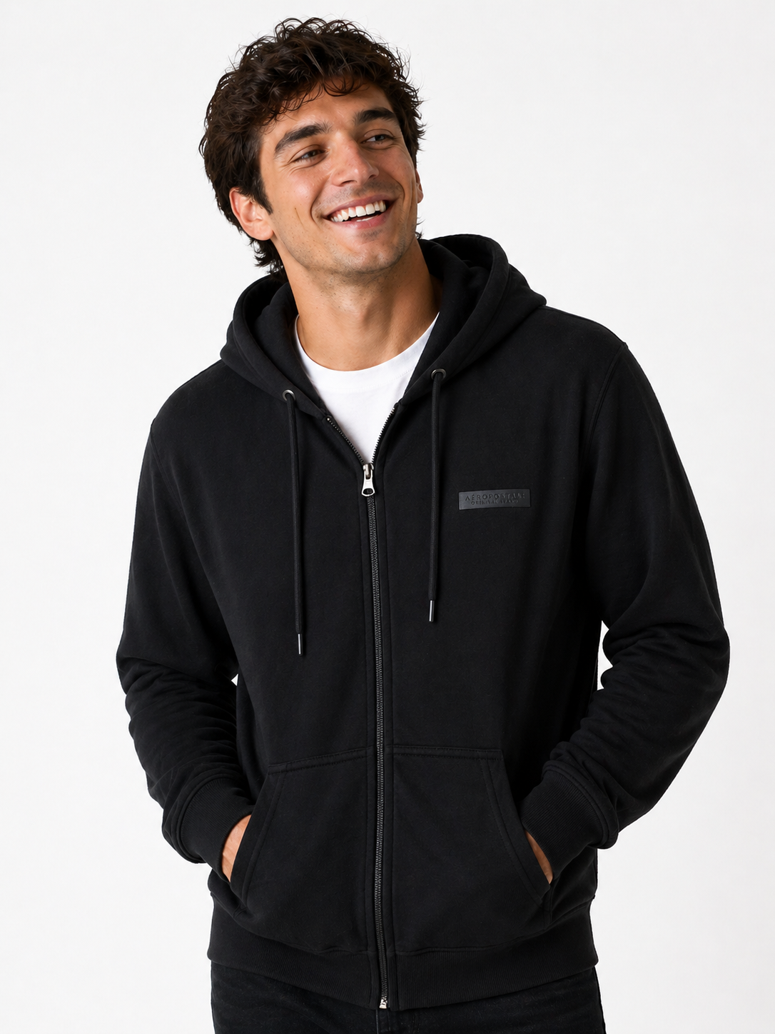 MOLETOM MAS ABERTO ZIP E CAP AEROPOSTALE PRETO