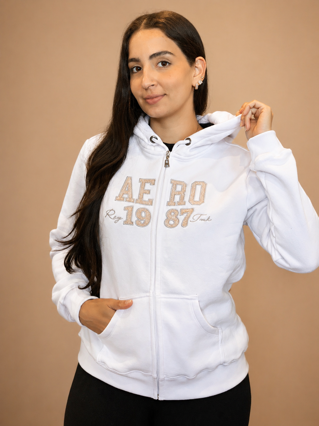 MOLETOM FEM ZIP E CAP ABERTO AEROPOSTALE BRANCO