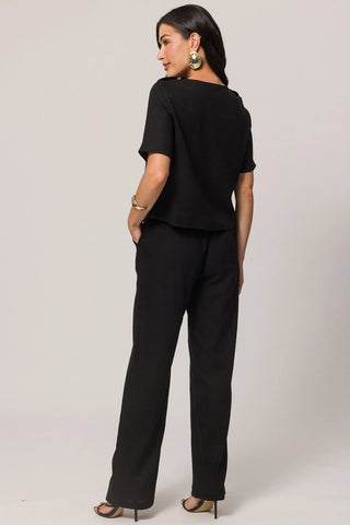 BLUSA FEM MC EM PLANO LINEN PRETO