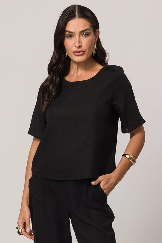 BLUSA FEM MC EM PLANO LINEN PRETO