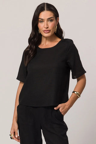 BLUSA FEM MC EM PLANO LINEN PRETO