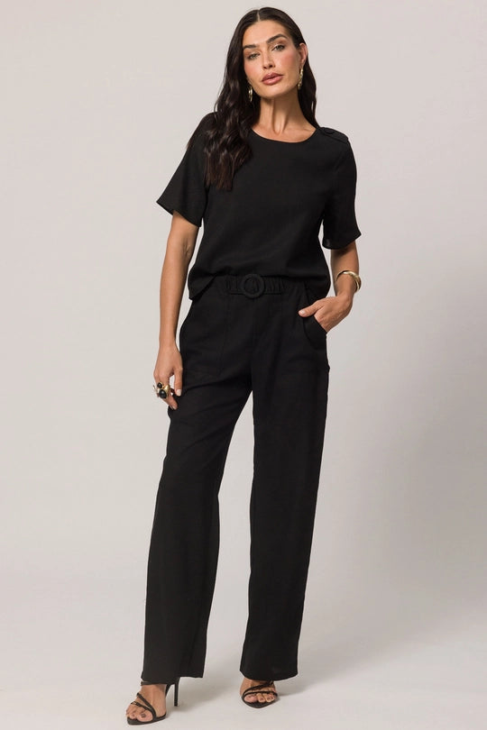 BLUSA FEM MC EM PLANO LINEN PRETO