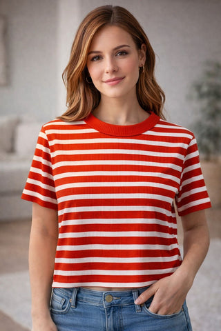 BLUSA FEM MC EM RIBANA LISTRADA VERMELHO PAPOULA