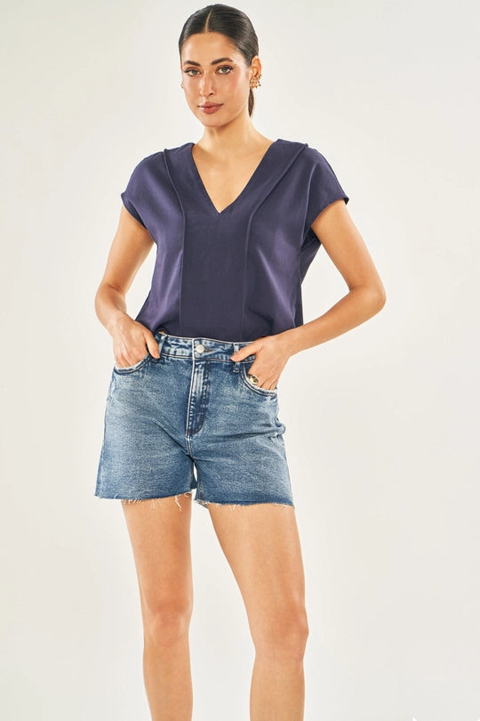 BLUSA FEM MANGA CURTA PLANO VISCOLINHO MARINHO