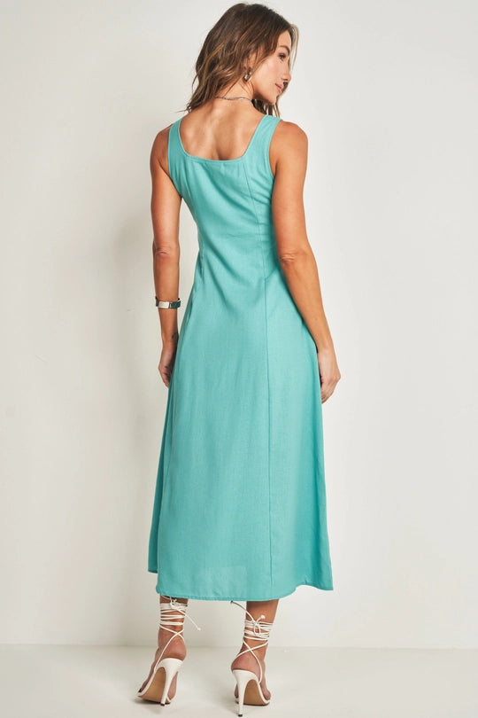 VESTIDO LONGO FEM EM PLANO LINEN AZUL TURMALINA