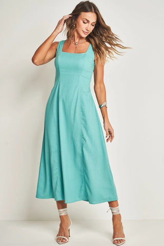 VESTIDO LONGO FEM EM PLANO LINEN AZUL TURMALINA