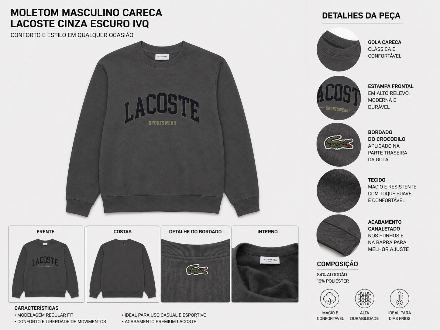MOLETOM MAS CARECA LACOSTE CINZA ESCURO IVQ