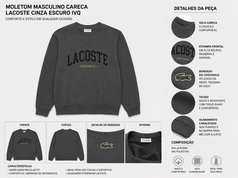 MOLETOM MAS CARECA LACOSTE CINZA ESCURO IVQ