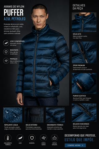 NOVO JAQUETA MAS ARAMIS DE NYLON PUFFER AZUL PETROLEO